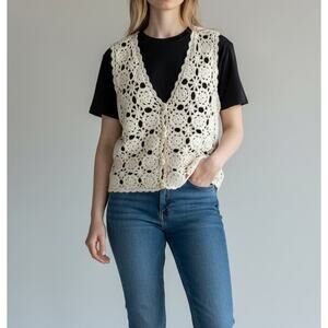 Segue Off White Vintage Inspired Crochet Button Down Floral V-Neck Vest